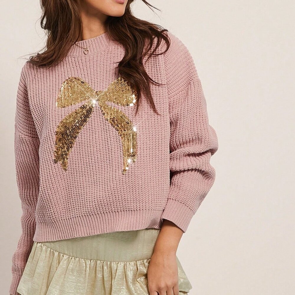 Pink Casual Women's Sequin Bow Knit Crew Neck Sweater
